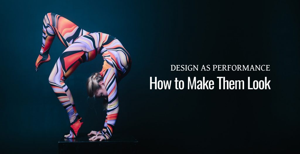 A woman covered with colorful abstract on her body while back bending