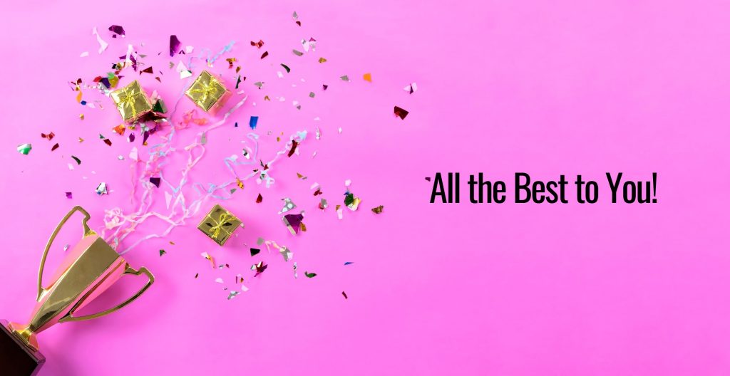 A photo of a gold trophy and confetti against a pink background