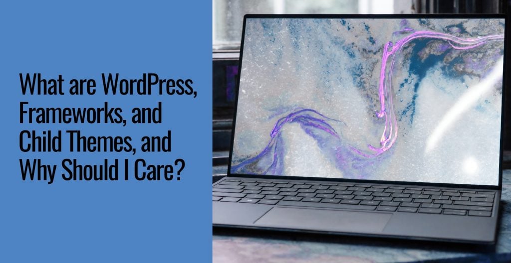 A photo of an open laptop that has an abstract wallpaper on its screen