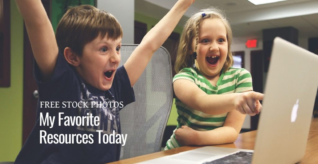 A young girl and boy using a laptop computer sitting on top of a table next to text Free Stock Photos: My Favorite Resources Today