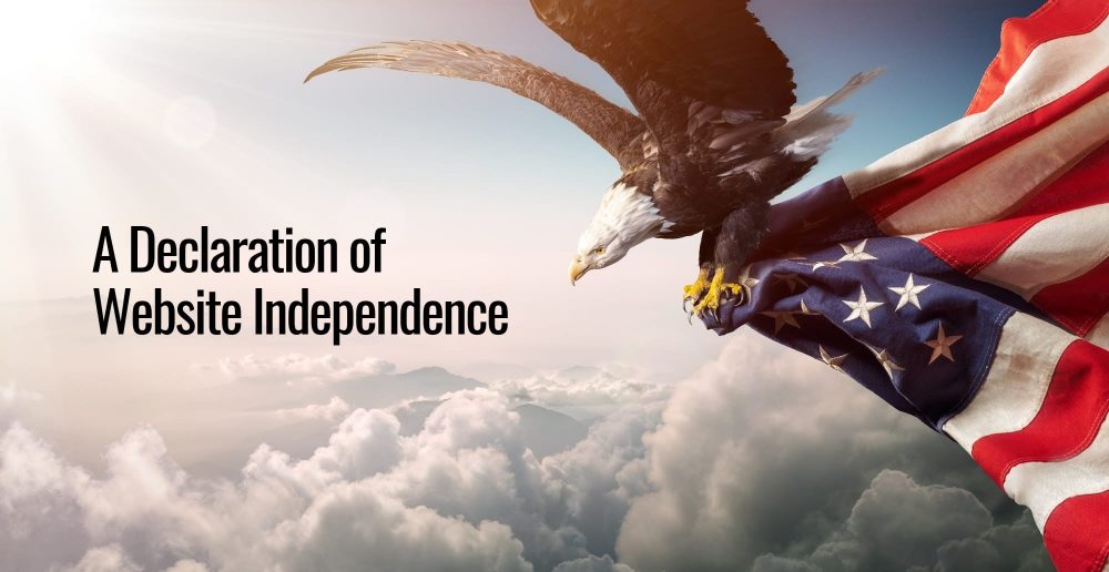 An eagle flying high in the clouds holding an American flag